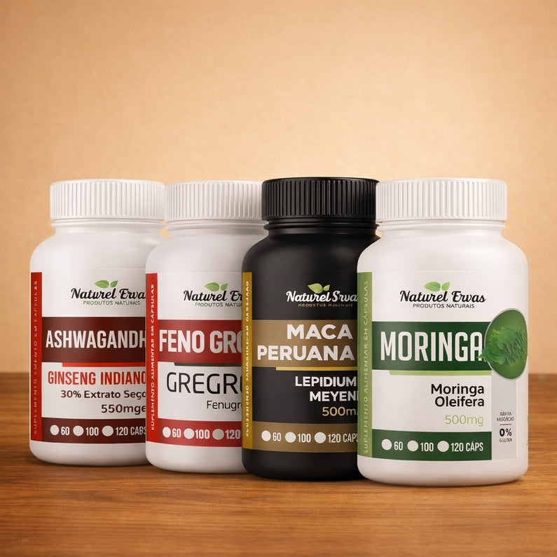 Kit Moringa, Ashwagandha, Maca Peruana e Feno Grego