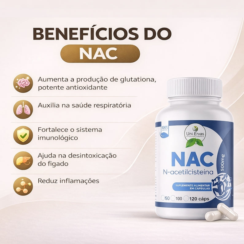 NAC 500mg – N-acetilcisteína | 120 cápsulas