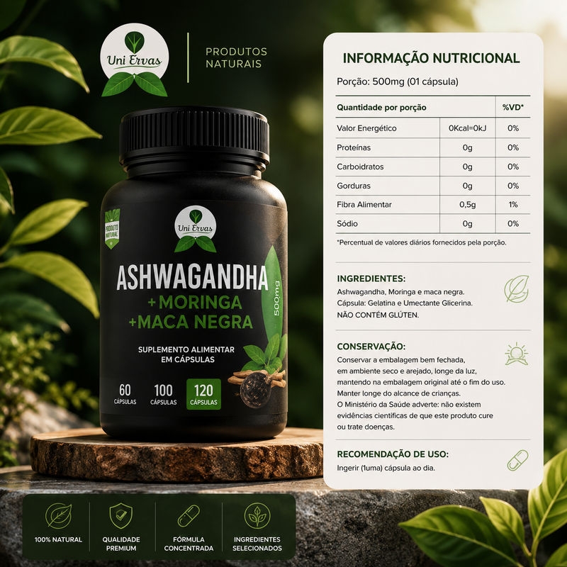 Ashwagandha + Moringa + Maca Negra